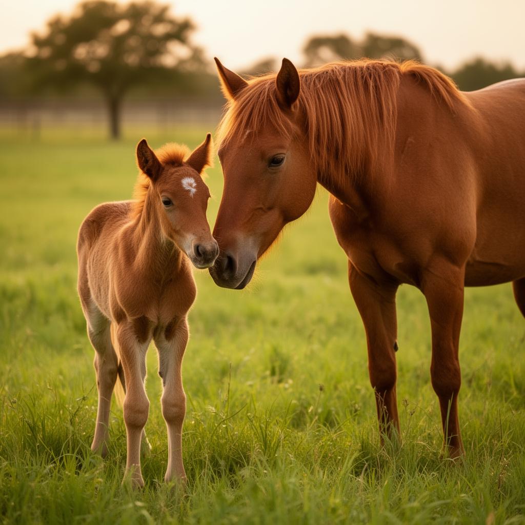 Mare nuzzling her young foal