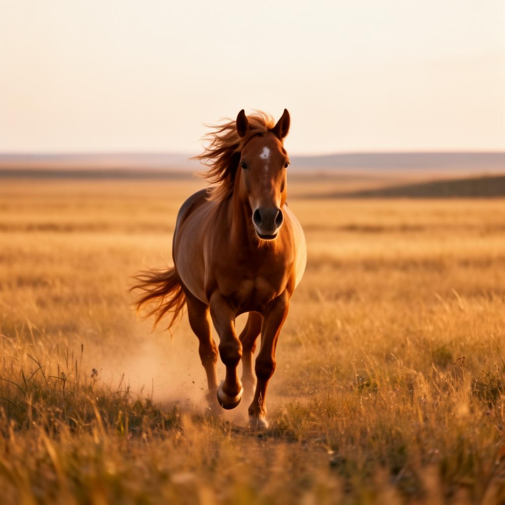 Wild mustang running free through golden prairie