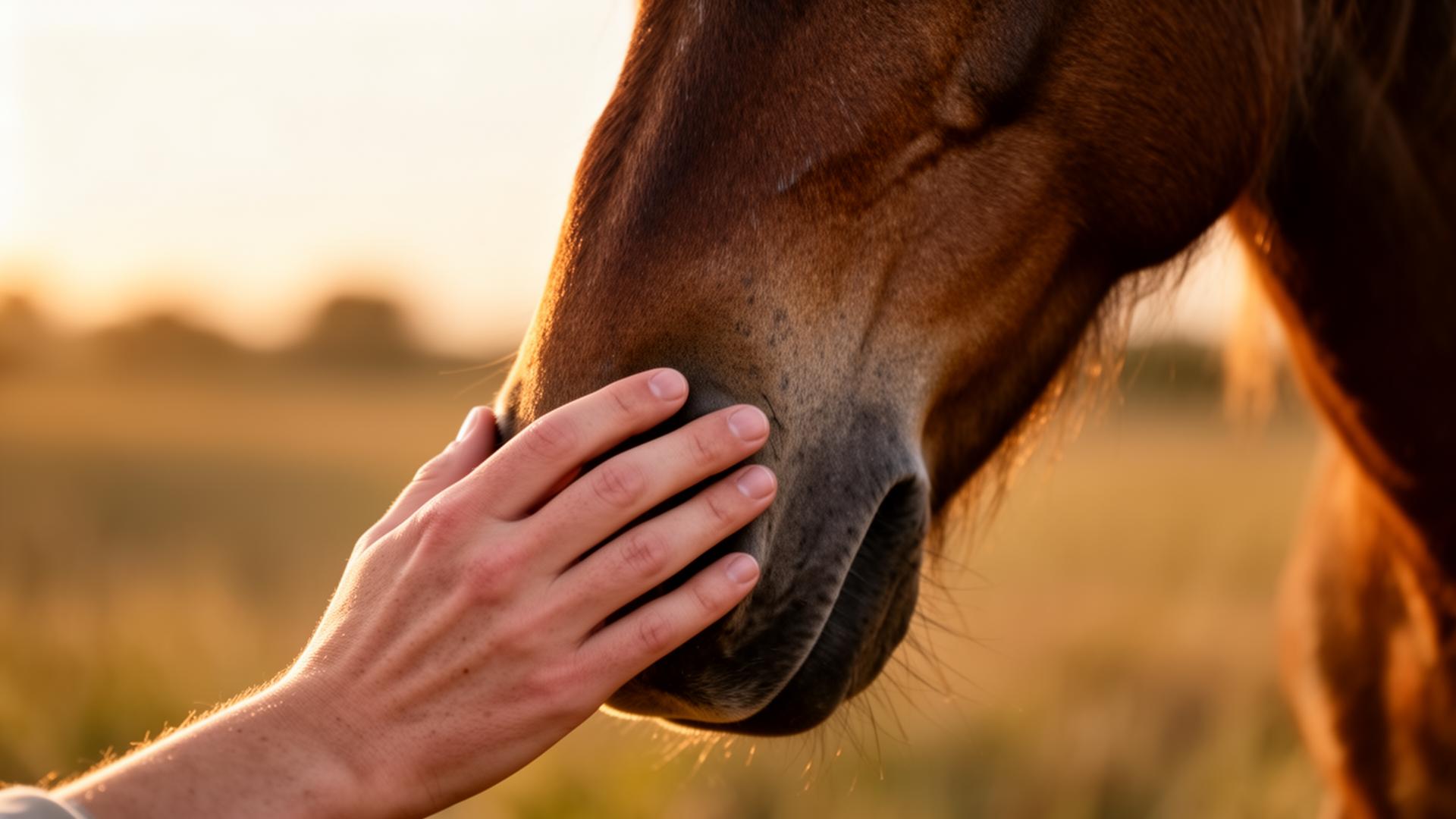 A gentle moment of trust between a hand and a horse