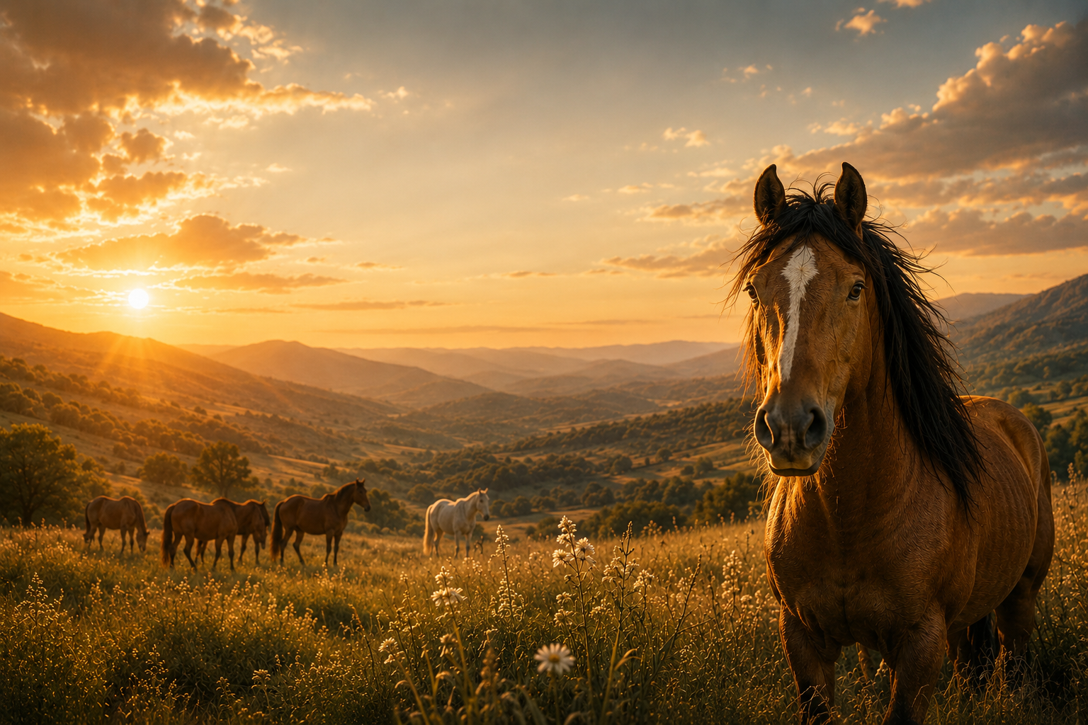 Wild horses running through golden Texas prairie at sunset